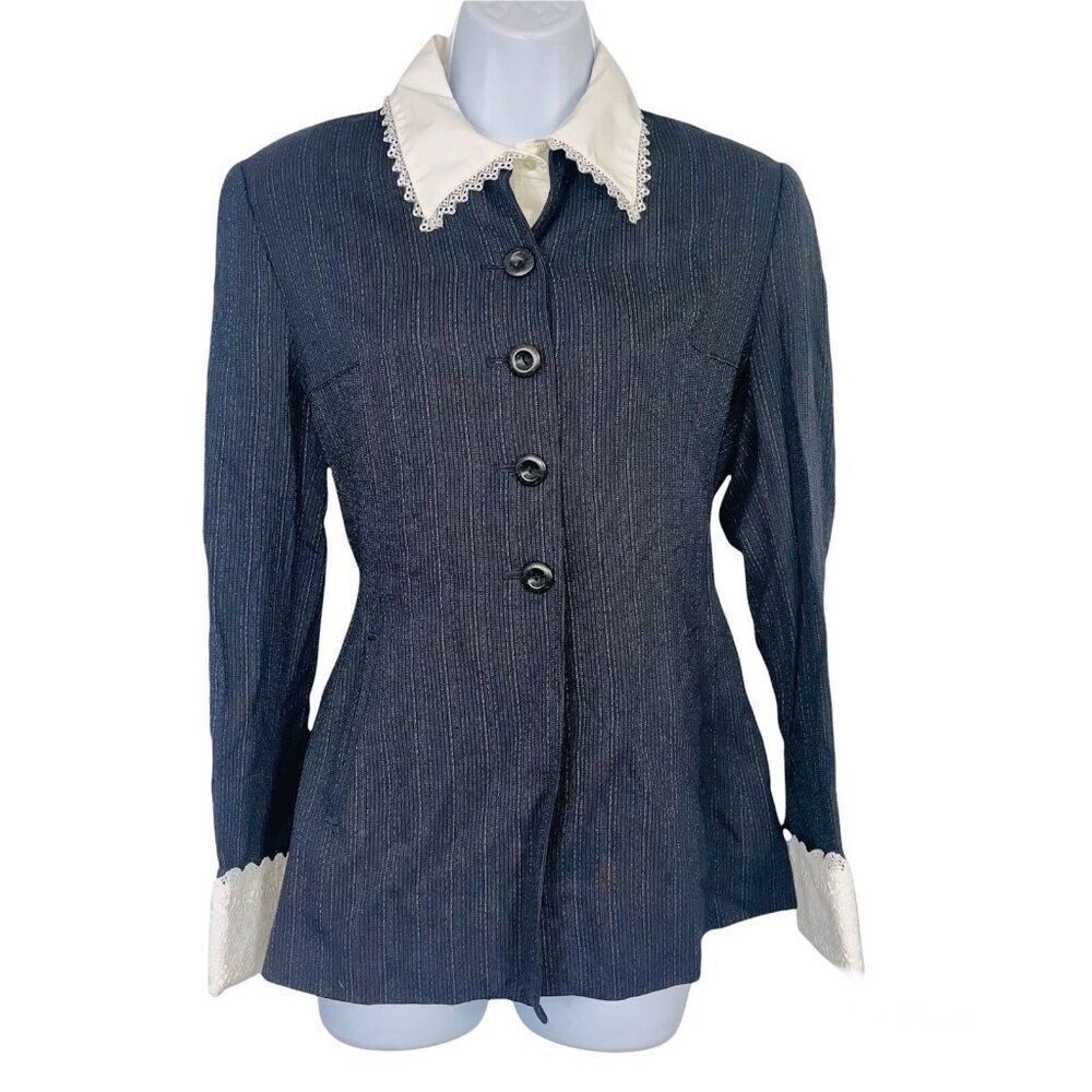 Womens Blazer S Black Pin Striped Fitted Long Sleeve Attached Blouse Cuffs